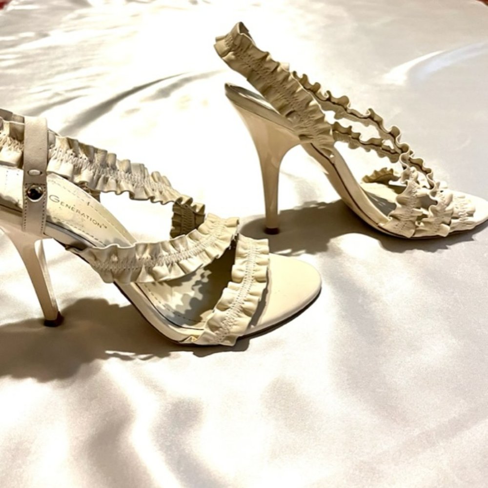 BCBGeneration Pelham Ivory Ruffled Strappy Heels